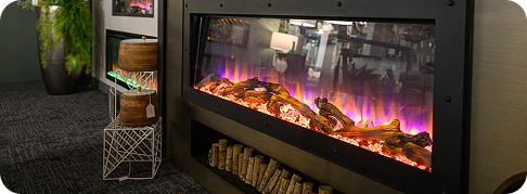 a long electric fireplace on a wall showing realistic flames